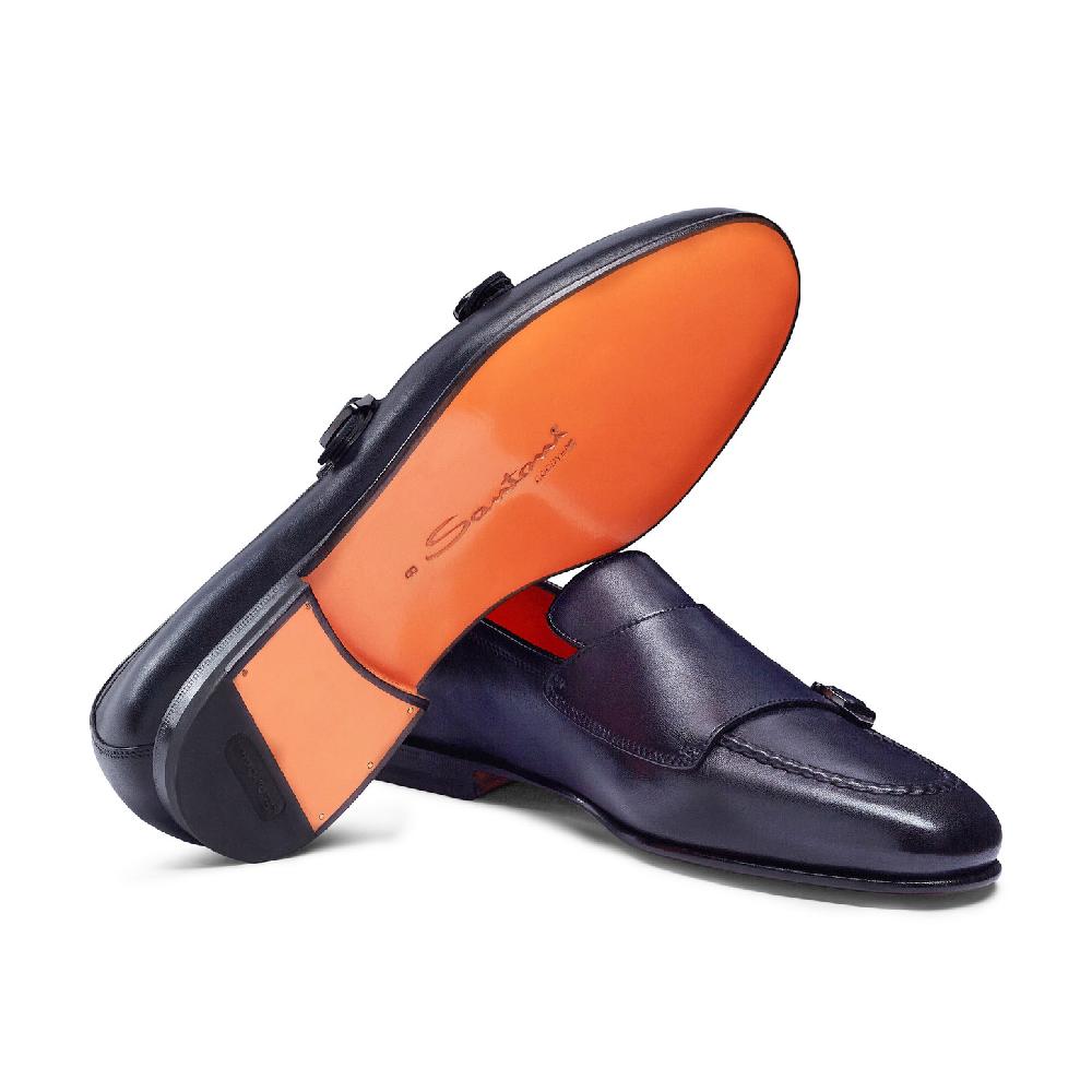 Santoni Mocassino Con Doppia Fibbia Da Uomo In Pelle Anticata Blu