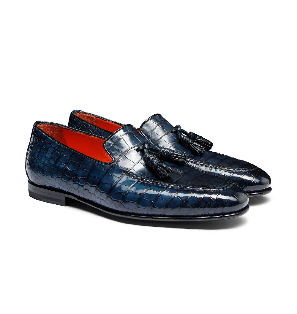Santoni Mocassino Con Nappe Da Uomo In Alligatore Blu