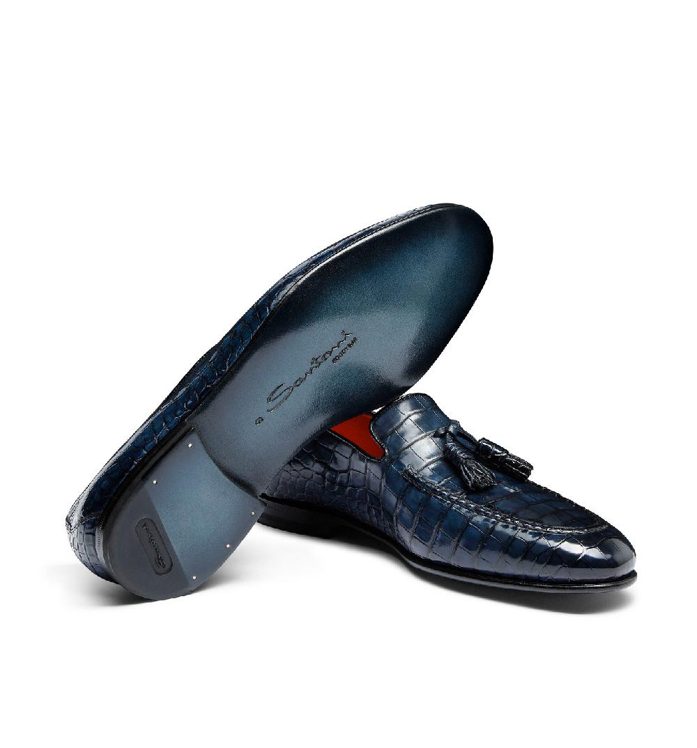 Santoni Mocassino Con Nappe Da Uomo In Alligatore Blu