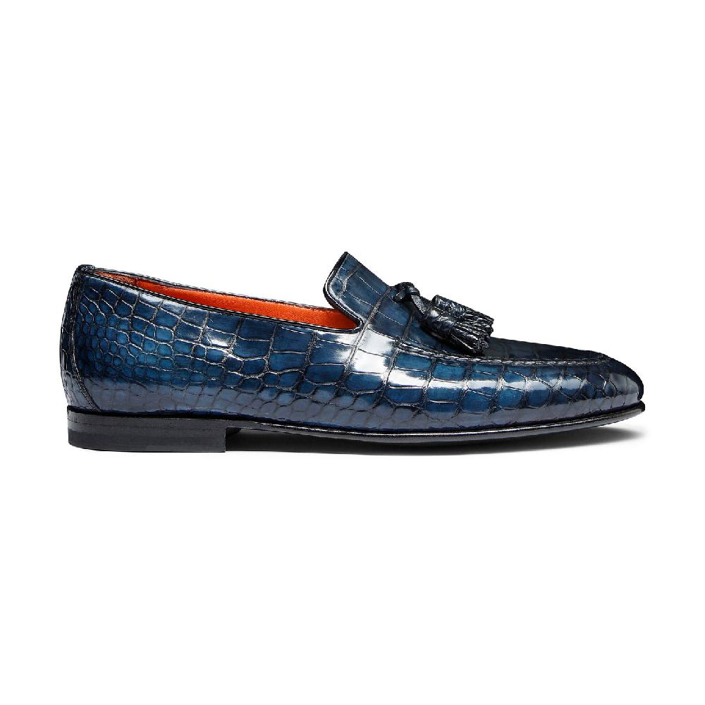 Santoni Mocassino con nappe da uomo in alligatore blu