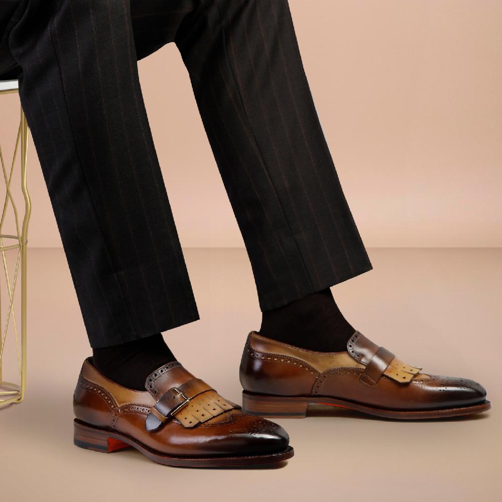 Santoni Mocassino Mono Fibbia Con Frangia Da Uomo In Pelle Marrone