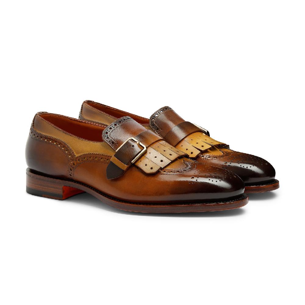 Santoni Mocassino Mono Fibbia Con Frangia Da Uomo In Pelle Marrone