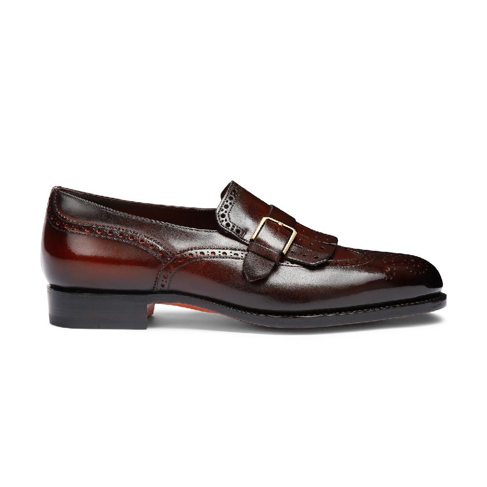 Santoni Mocassino mono-fibbia con frangia da uomo in pelle bordeaux