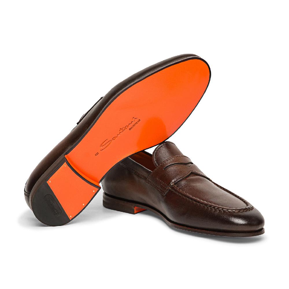Santoni Mocassino Penny Da Uomo In Pelle Anticata Marrone