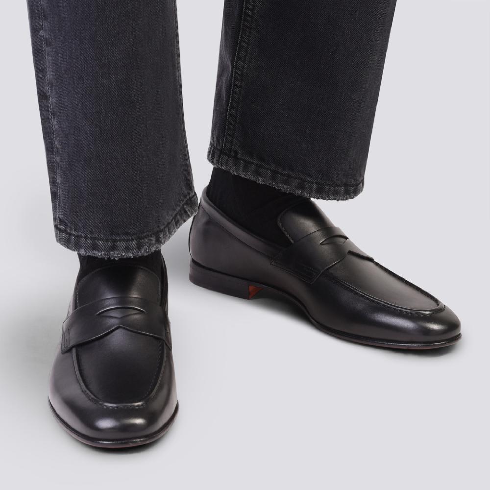 Santoni Mocassino Penny Da Uomo In Pelle Anticata Nera