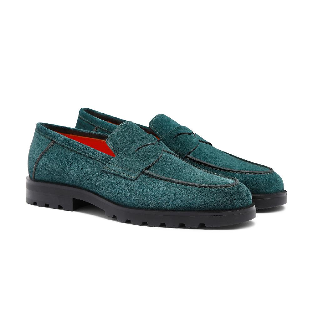 Santoni Mocassino Penny Da Uomo In Suede Verde Scuro