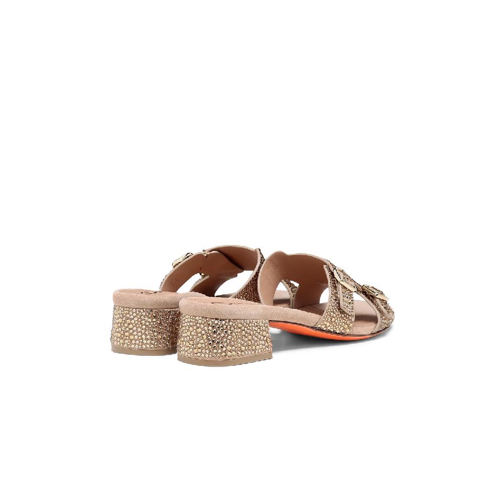 Santoni Sandalo Didi Tacco Basso Da Donna In Suede E Strass Oro