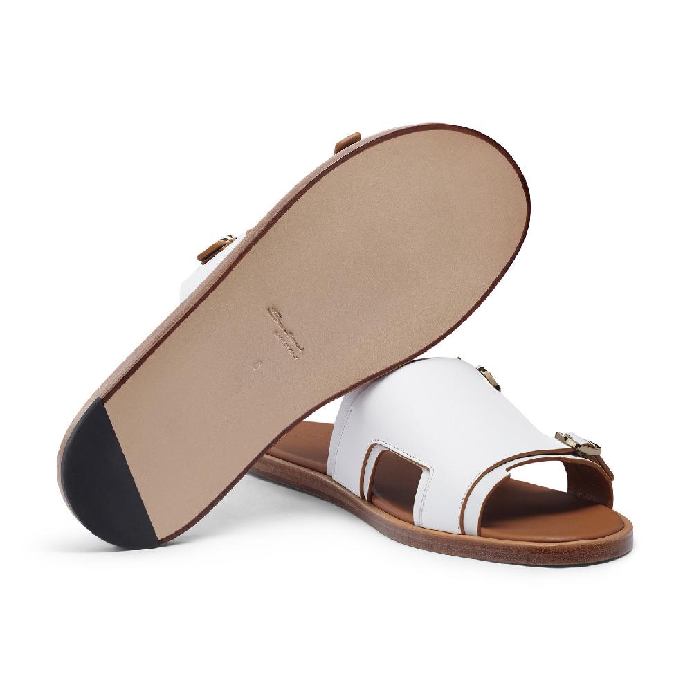 Santoni Sandalo Doppia Fibbia Da Uomo In Pelle Bianca