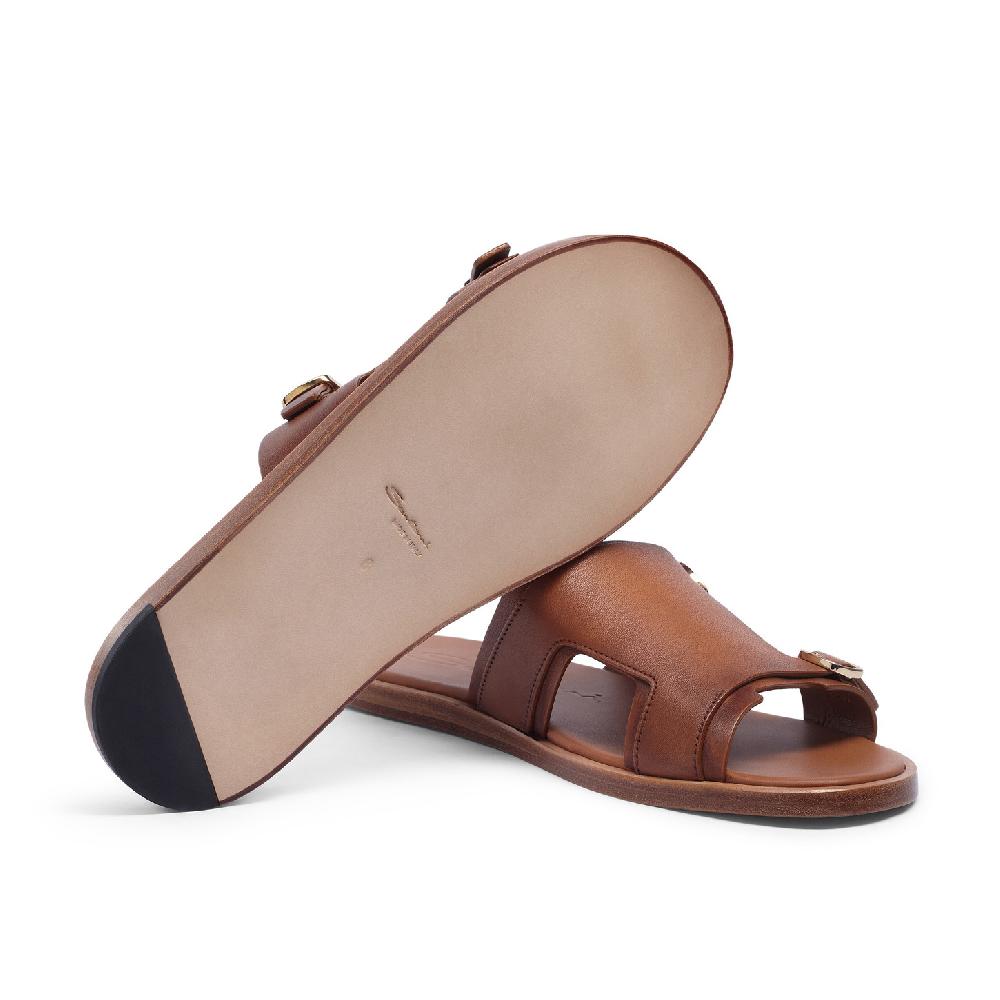 Santoni Sandalo Doppia Fibbia Da Uomo In Pelle Marrone