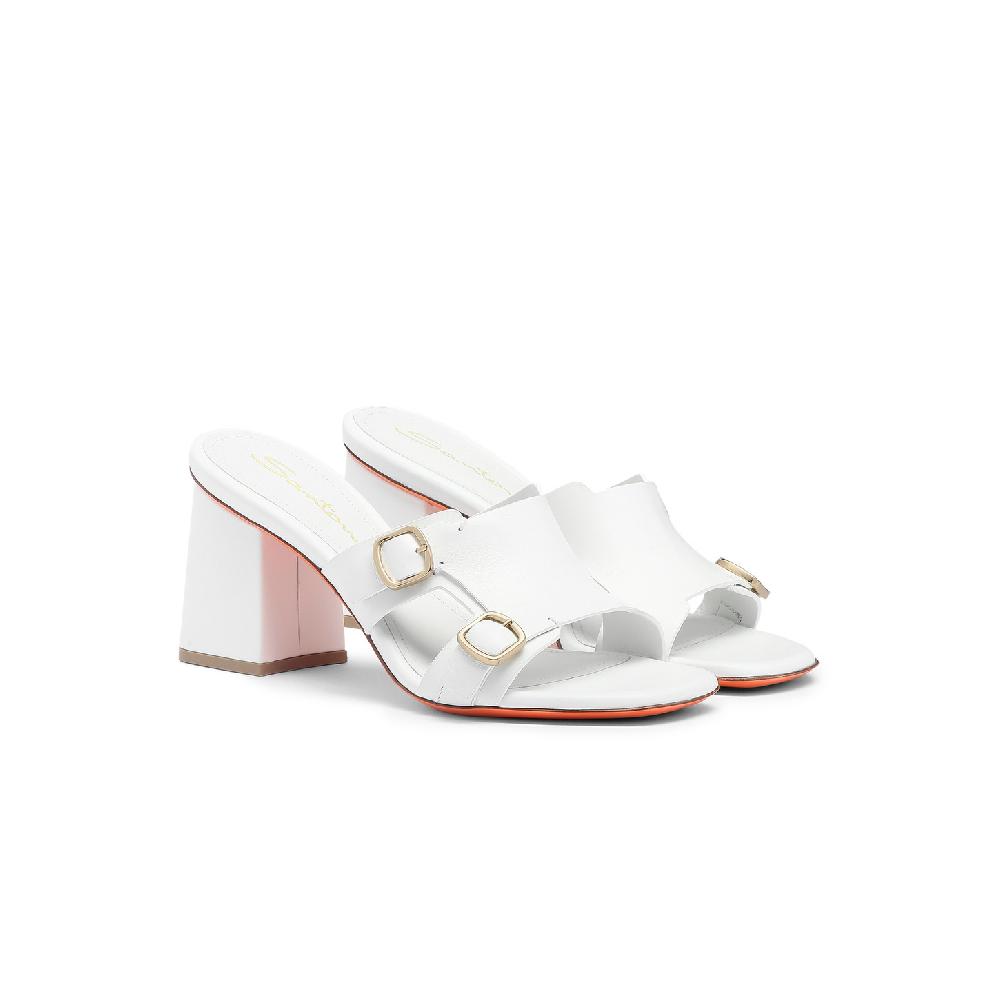 Santoni Sandalo Doppia Fibbia Tacco Medio Da Donna In Pelle Bianca