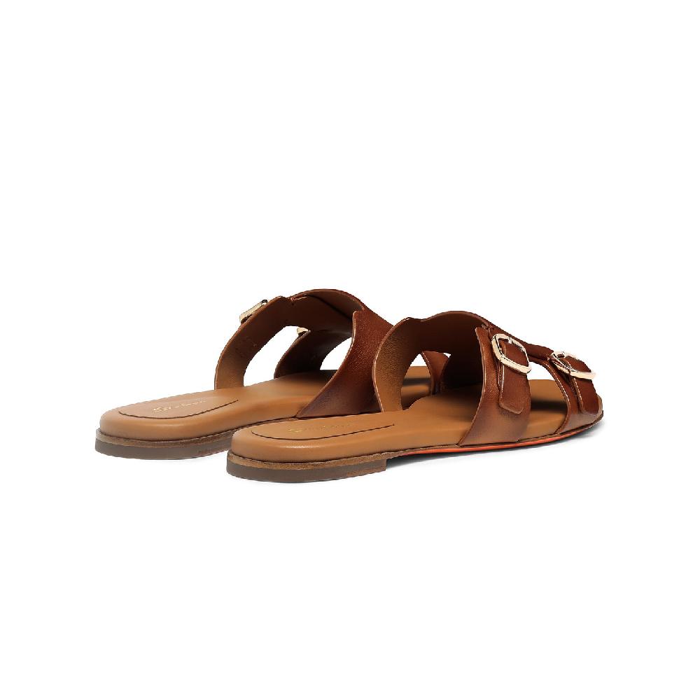 Santoni Sandalo Slide Didi Con Doppia Fibbia Da Donna In Pelle Marrone