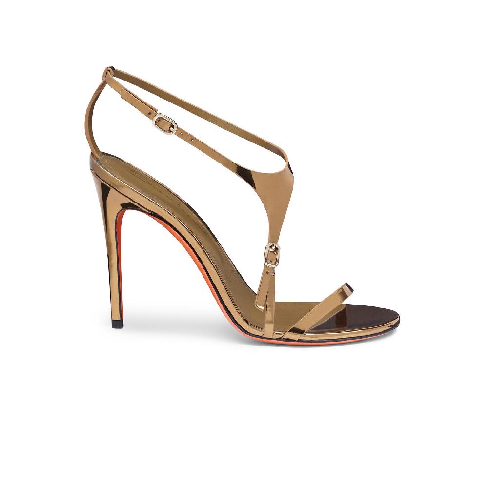 Santoni Sandalo tacco alto da donna in materiale specchiato oro