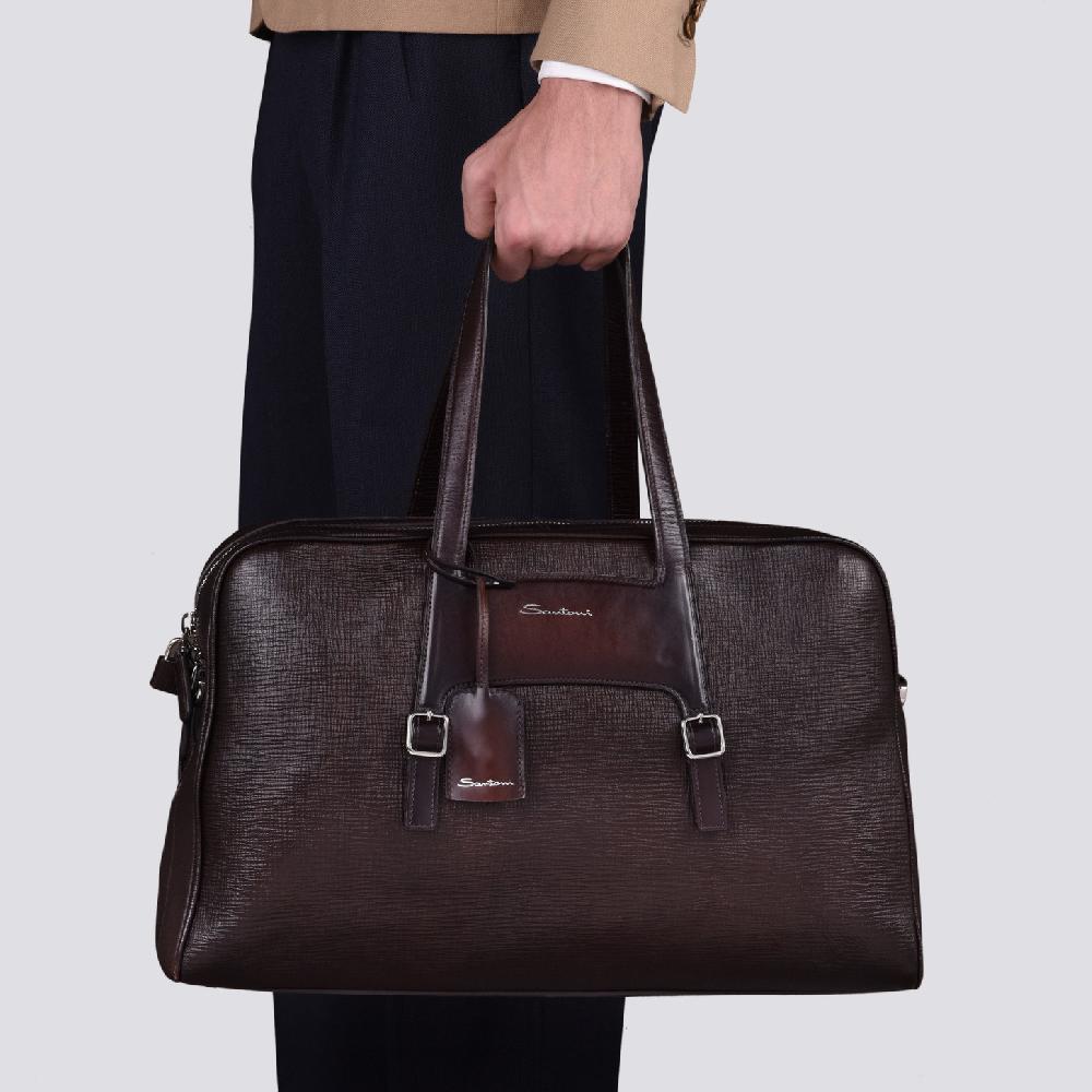 Santoni Borsa Da Viaggio In Pelle Stampata Marrone