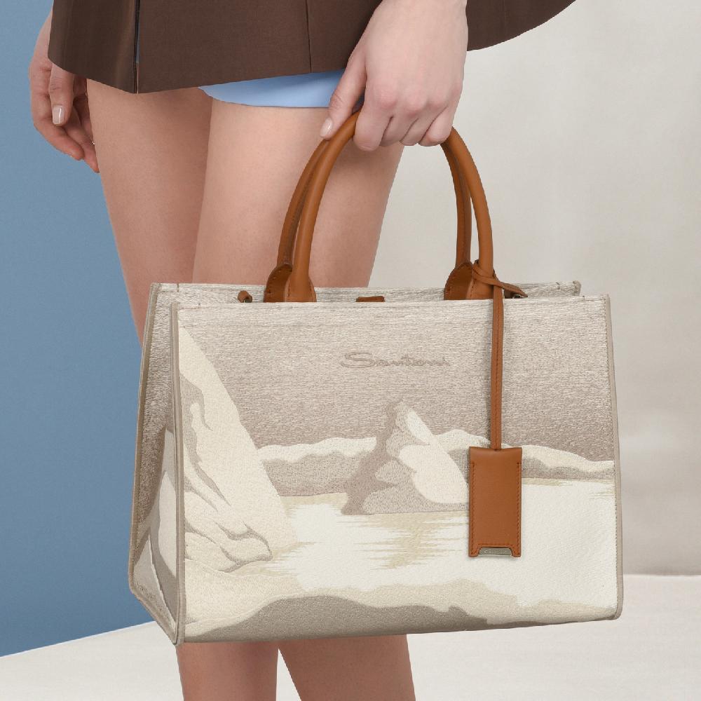 Santoni Borsa Tote Media In Tessuto Beige