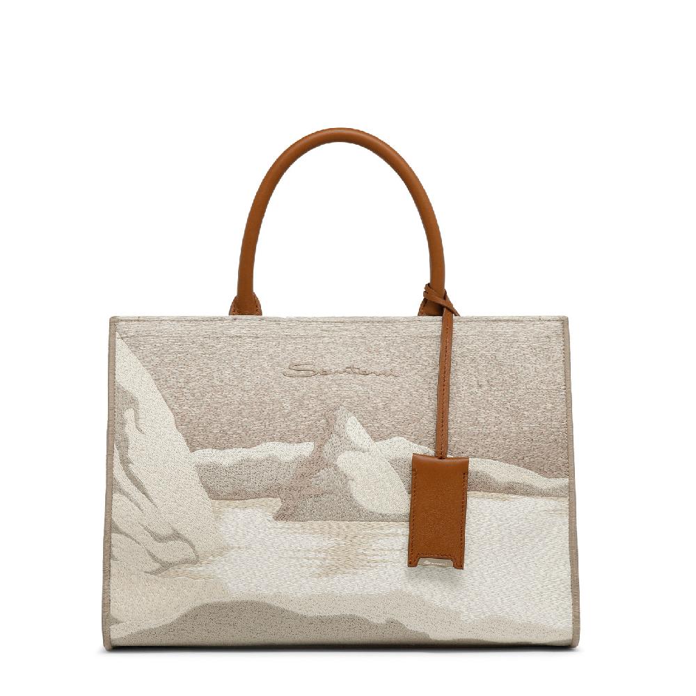 Santoni Borsa tote media in tessuto beige