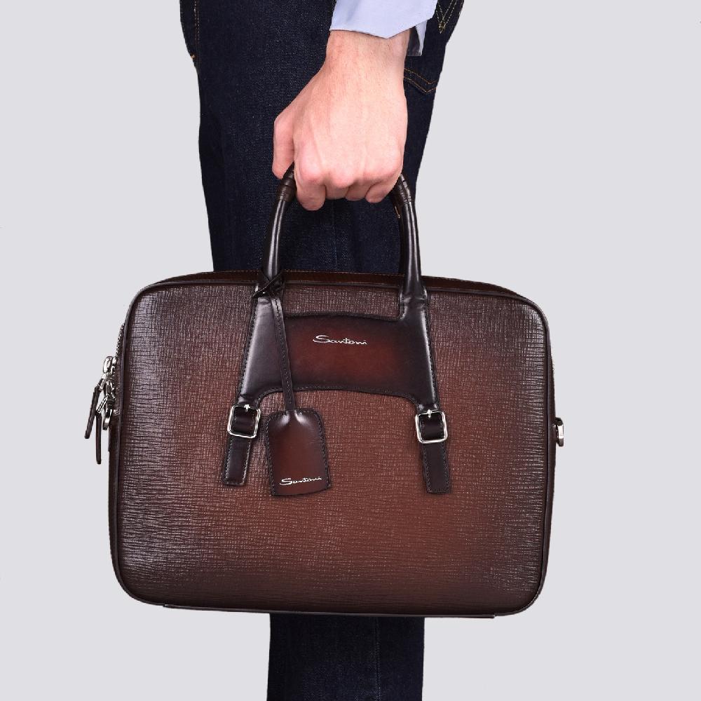 Santoni Briefcase In Pelle Stampata Marrone