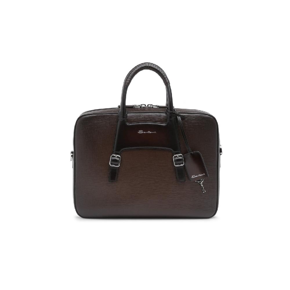 Santoni Briefcase in pelle stampata marrone