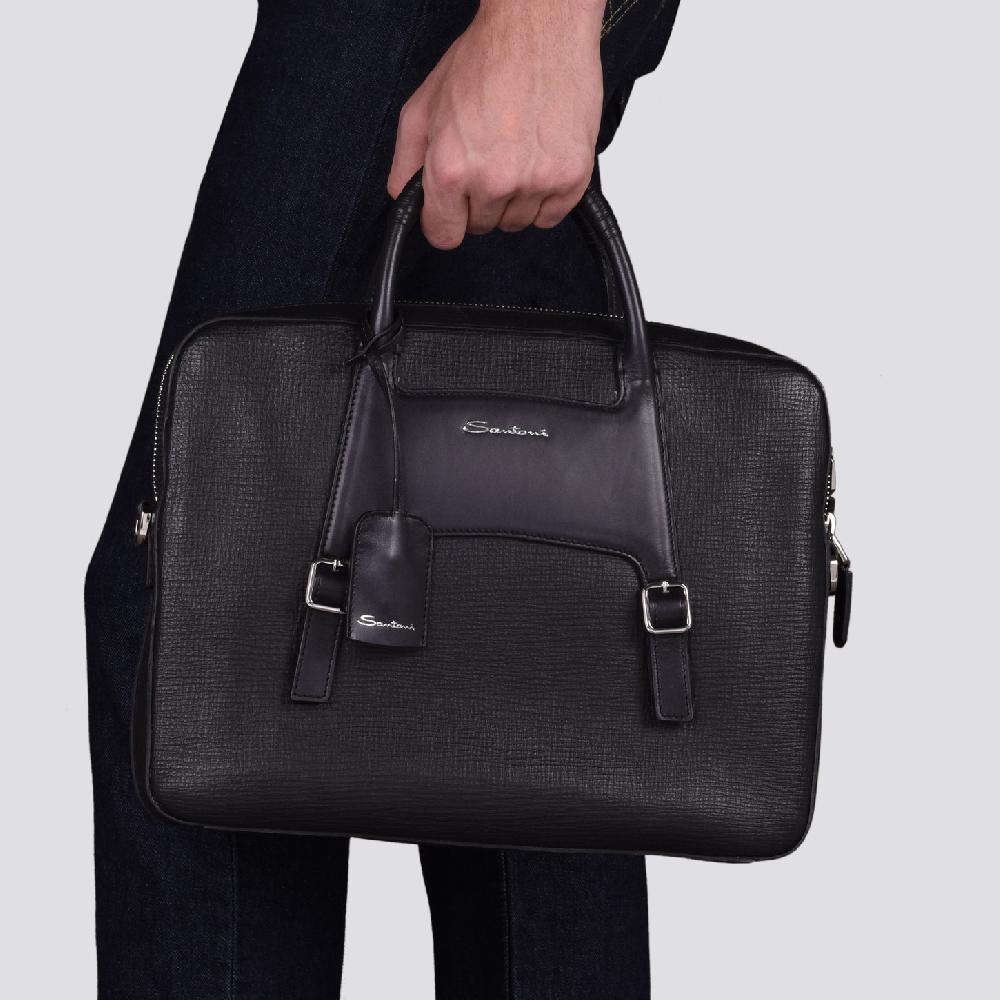 Santoni Briefcase In Pelle Stampata Nera