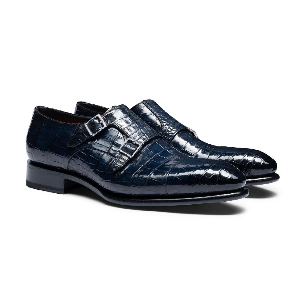 Santoni Doppia Fibbia Da Uomo In Alligatore Blu