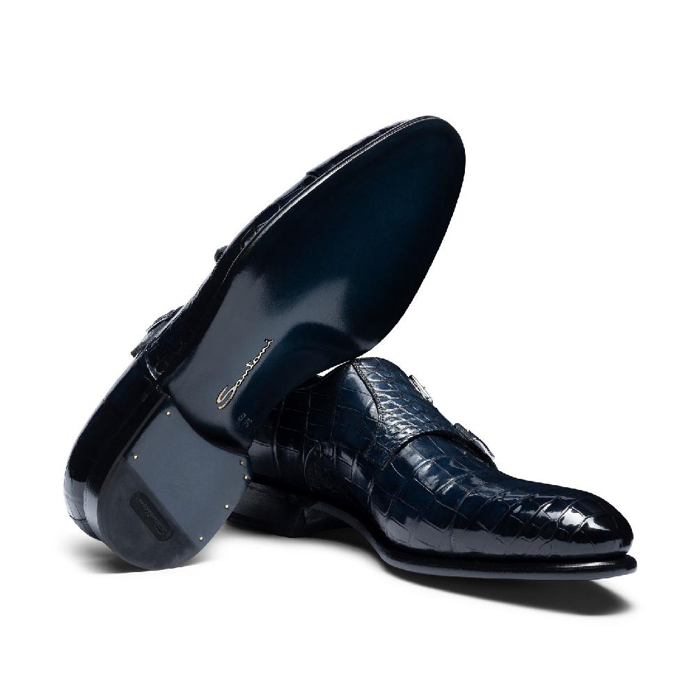 Santoni Doppia Fibbia Da Uomo In Alligatore Blu