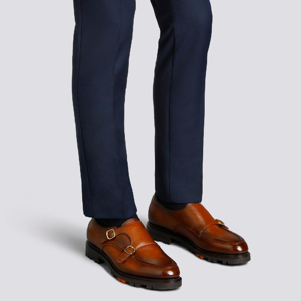 Santoni Doppia Fibbia Da Uomo In Pelle Marrone