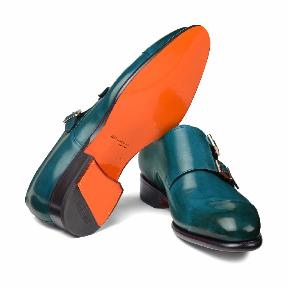 Santoni Doppia Fibbia Da Uomo In Pelle Turchese