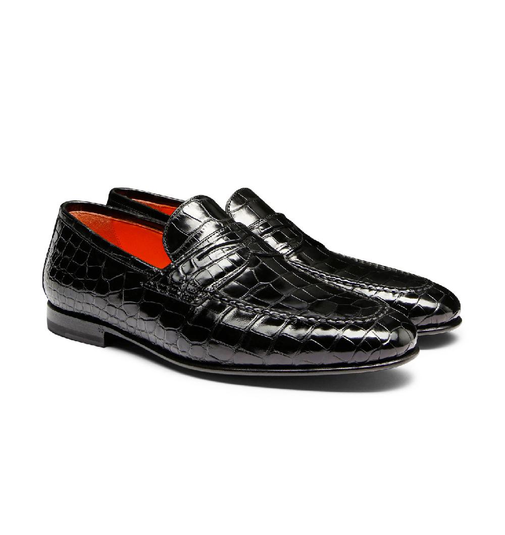 Santoni Mocassino Penny Da Uomo In Alligatore Nero
