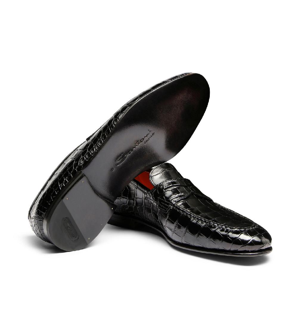 Santoni Mocassino Penny Da Uomo In Alligatore Nero