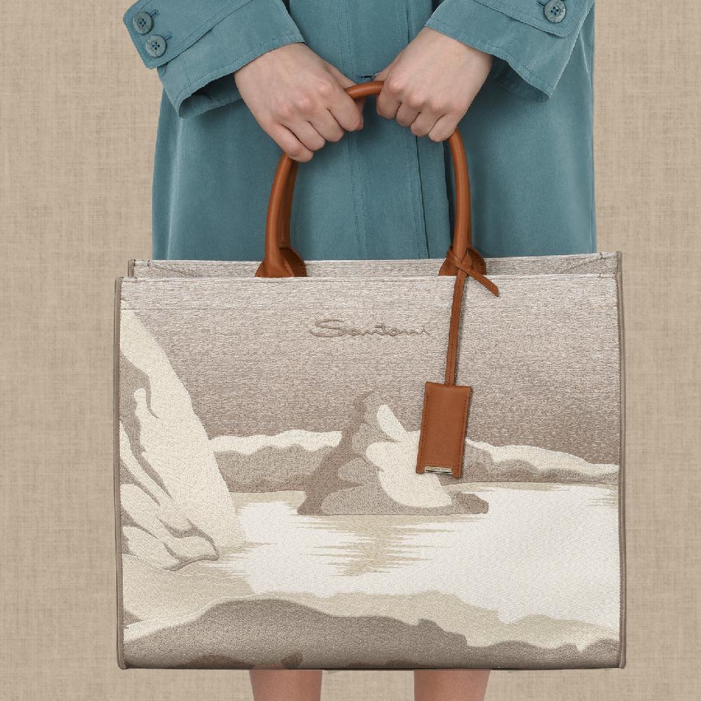 Santoni Shopping Bag In Tessuto Beige