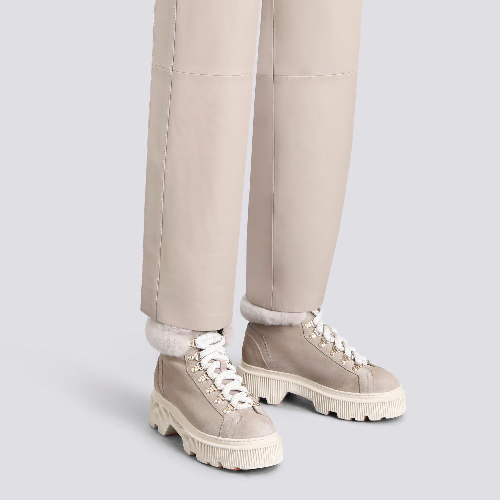 Santoni Scarponcino Da Montagna Con Pelliccia Da Donna In Suede Tortora