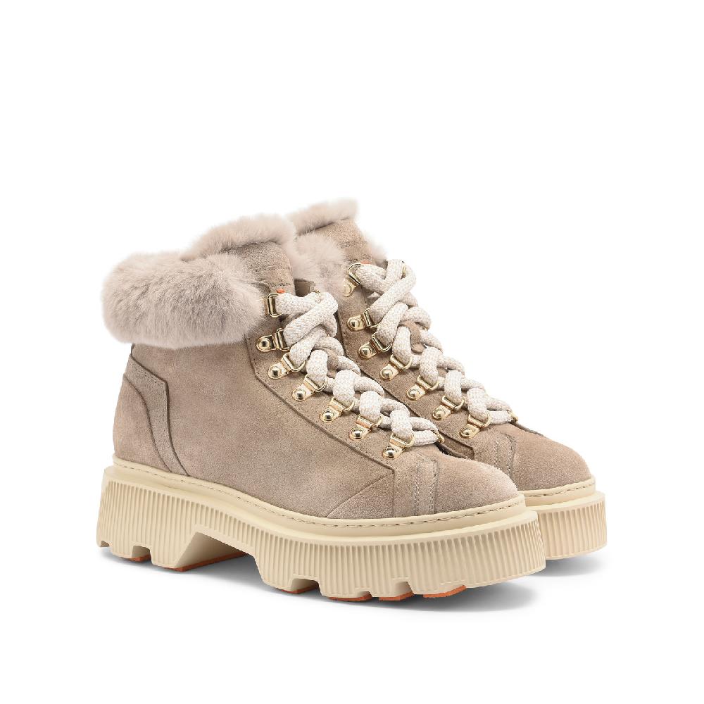 Santoni Scarponcino Da Montagna Con Pelliccia Da Donna In Suede Tortora