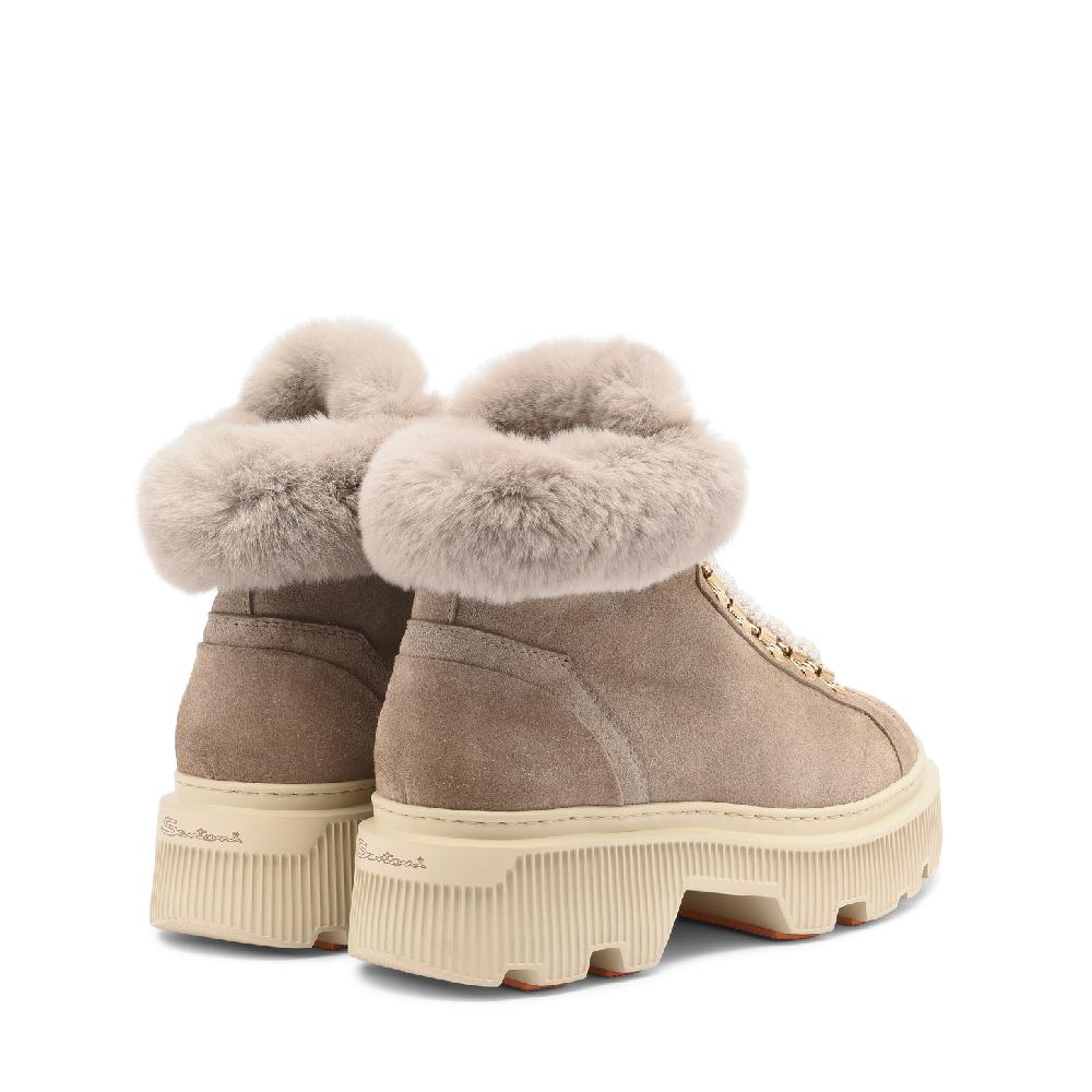 Santoni Scarponcino Da Montagna Con Pelliccia Da Donna In Suede Tortora