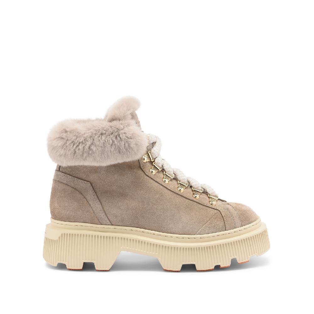 Santoni Scarponcino da montagna con pelliccia da donna in suede tortora