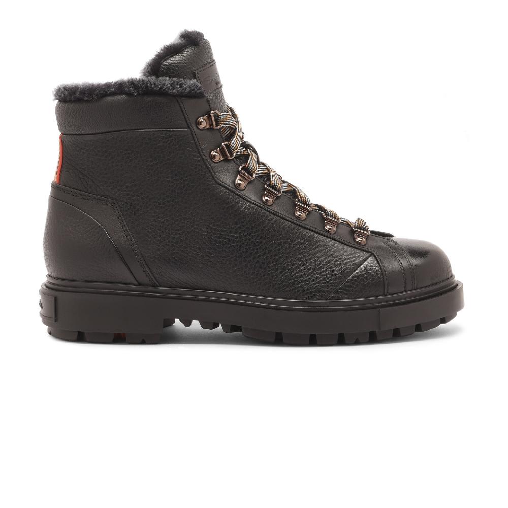 Santoni Scarponcino da montagna da uomo in pelle bottalata nera con pelliccia