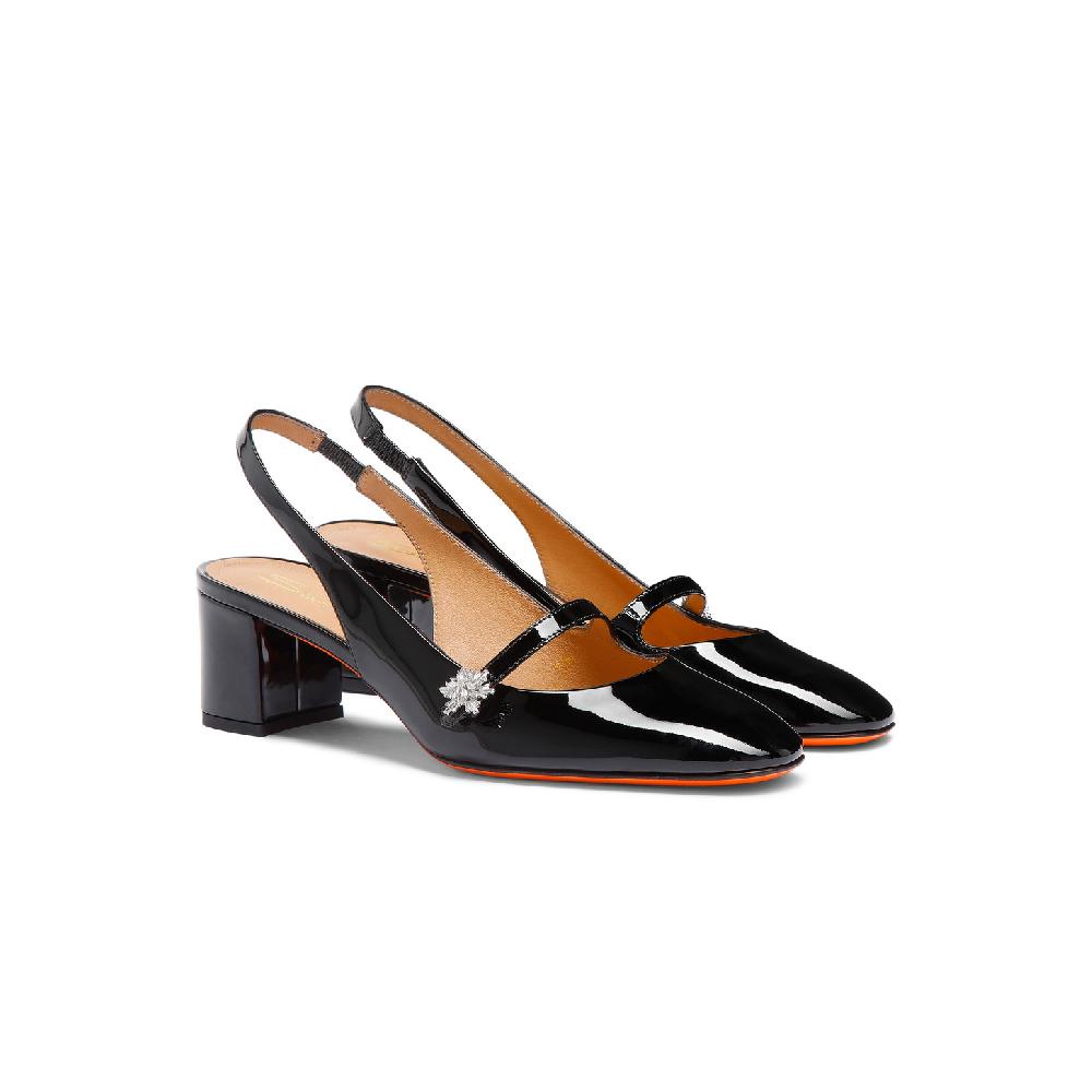 Santoni Slingback Tacco Basso Da Donna In Vernice Nera