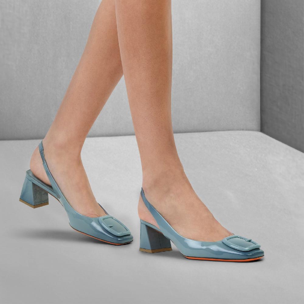 Santoni Slingback Tacco Medio Da Donna In Vernice Azzurra