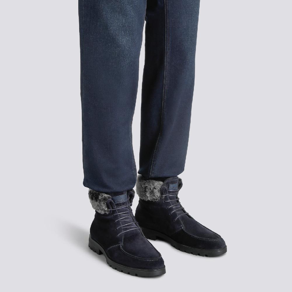 Santoni Stivaletto Stringato Con Pelliccia Da Uomo In Suede Blu