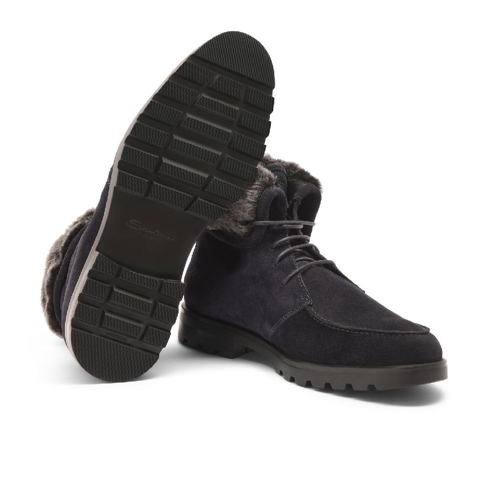 Santoni Stivaletto Stringato Con Pelliccia Da Uomo In Suede Blu