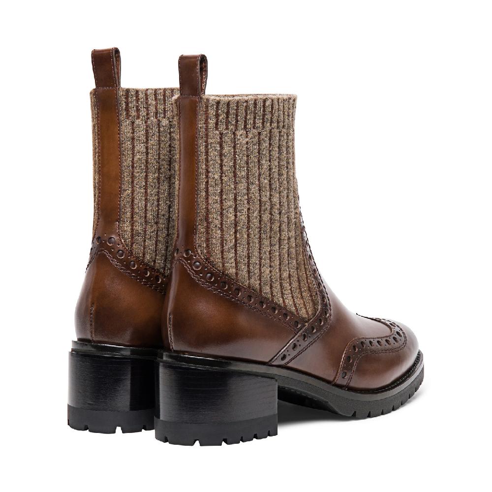 Santoni Stivaletto Tacco Basso Brogue Con Calzino Da Donna In Pelle Marrone