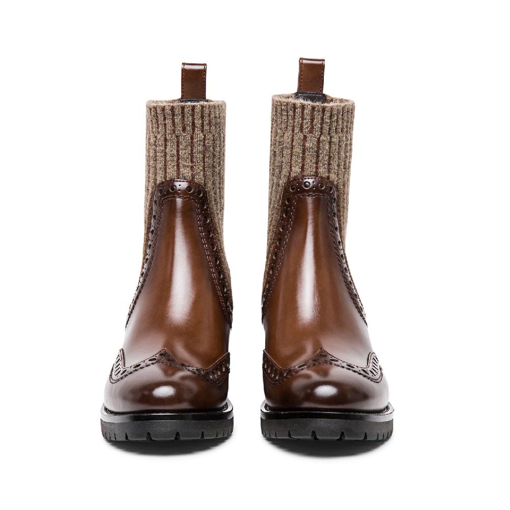 Santoni Stivaletto Tacco Basso Brogue Con Calzino Da Donna In Pelle Marrone