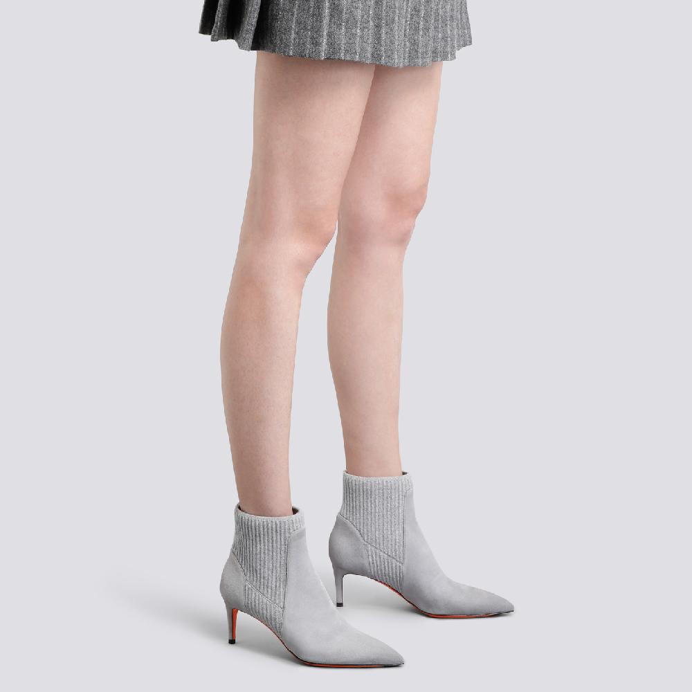 Santoni Stivaletto Tacco Basso Con Calzino Da Donna In Suede Grigio