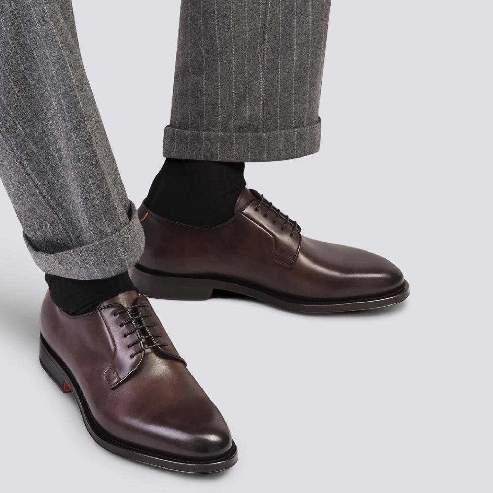 Santoni Stringata Derby Da Uomo In Pelle Anticata Marrone