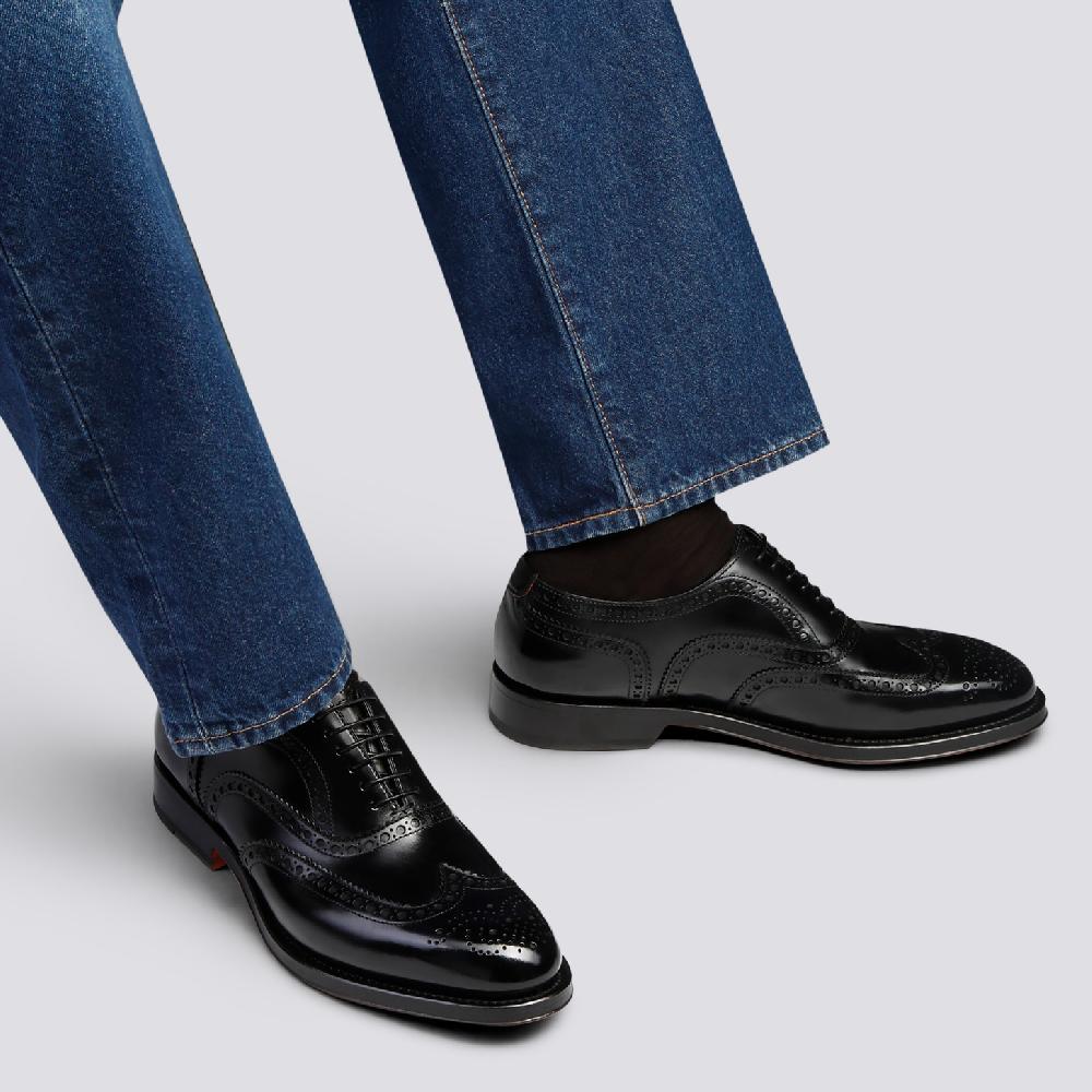 Santoni Stringata Oxford Brogue Da Uomo In Pelle Anticata Nera