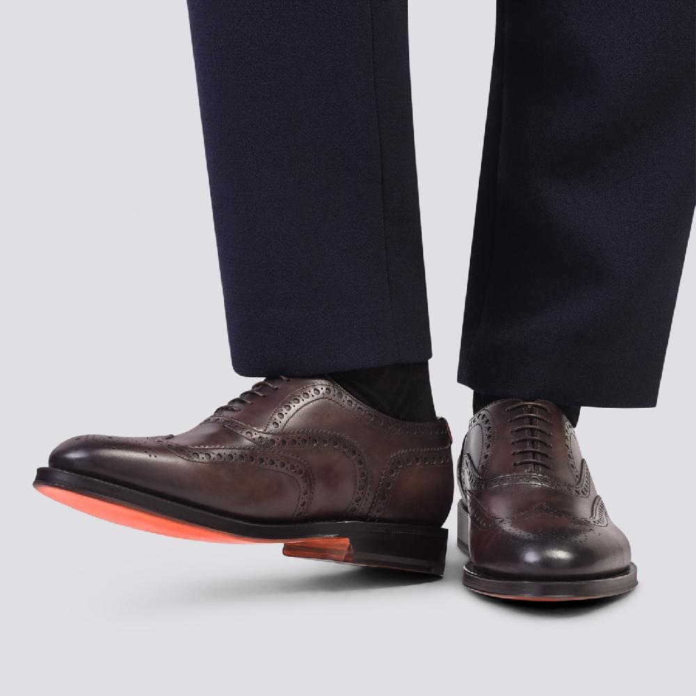 Santoni Stringata Oxford Brogue Da Uomo In Pelle Anticata Marrone