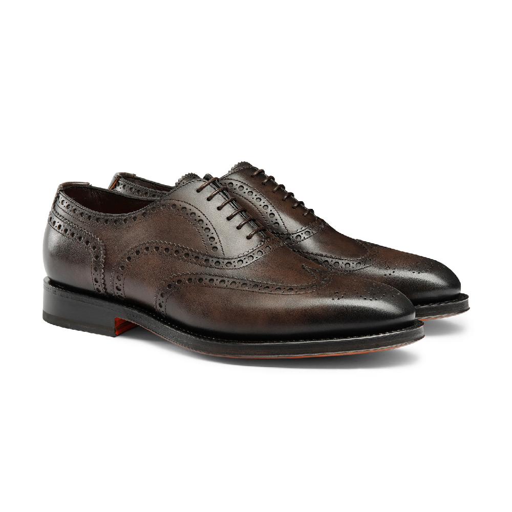 Santoni Stringata Oxford Brogue Da Uomo In Pelle Anticata Marrone
