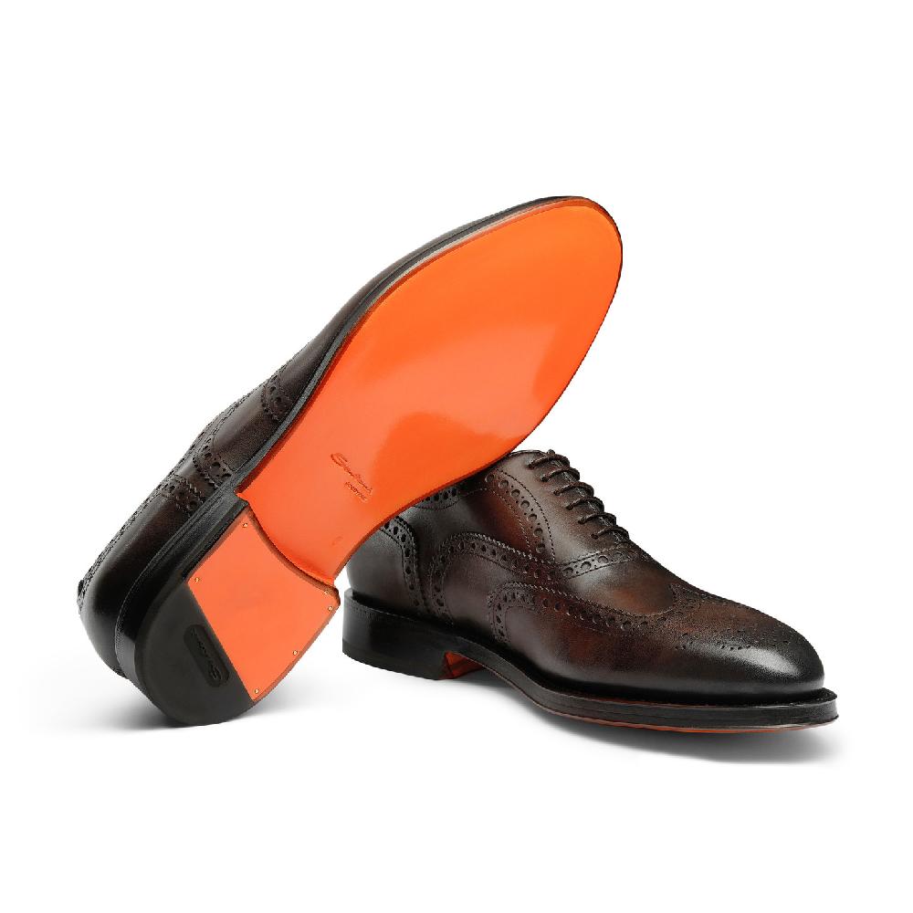 Santoni Stringata Oxford Brogue Da Uomo In Pelle Anticata Marrone