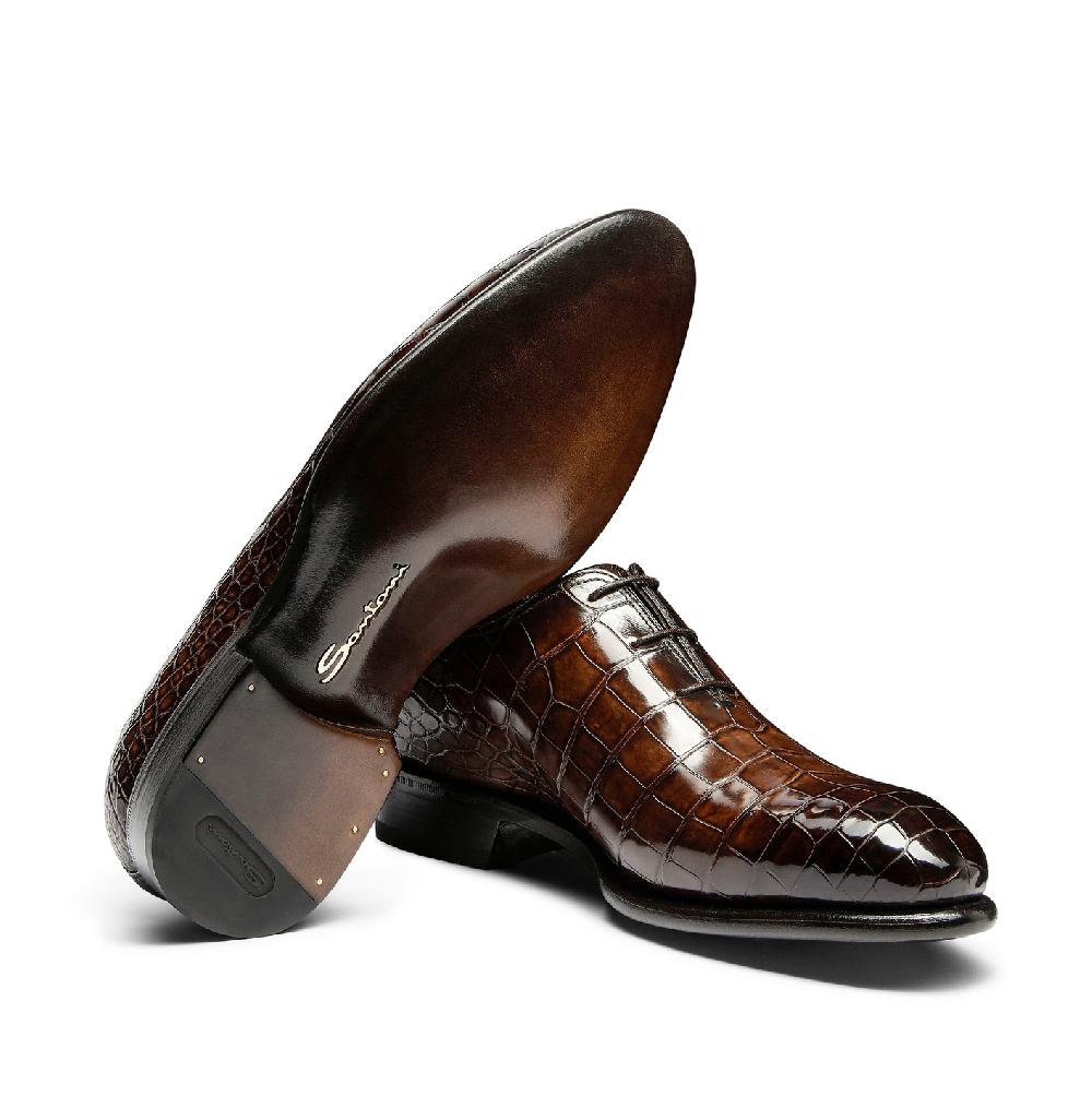Santoni Stringata Oxford Da Uomo In Alligatore Testa Di Moro