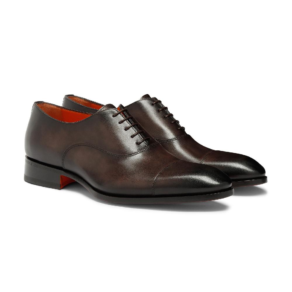 Santoni Stringata Oxford Da Uomo In Pelle Anticata Marrone