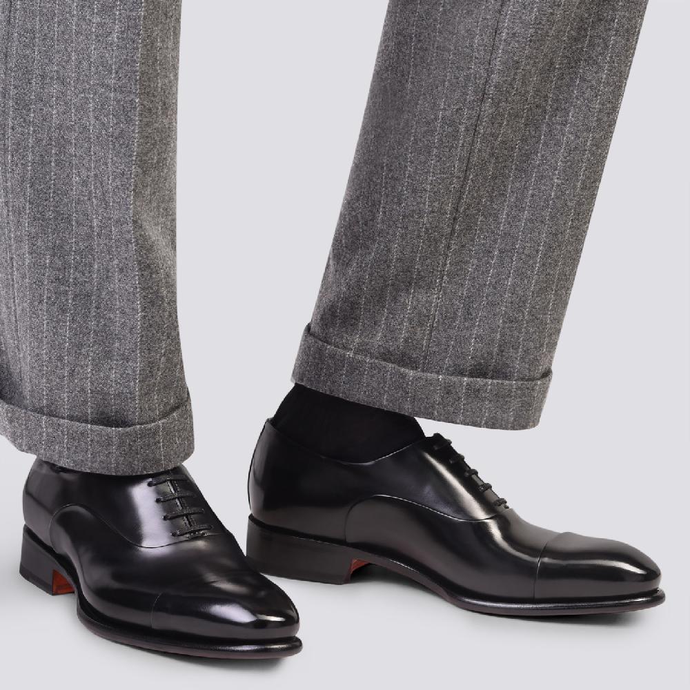 Santoni Stringata Oxford Da Uomo In Pelle Anticata Nera