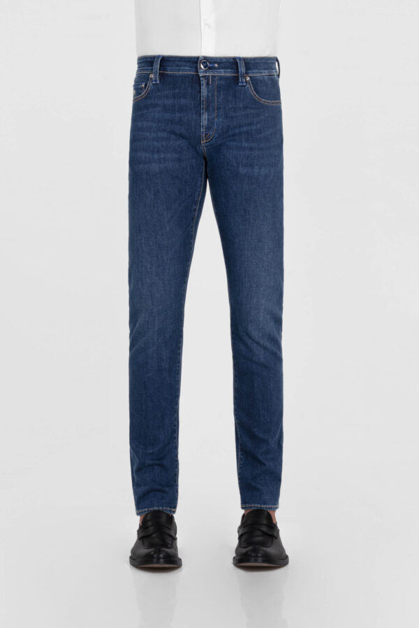 Sartoria Tramarossa JEANS LEONARDO ZIP SS SLIM IN DENIM CON STAMPA INTERNA BLU SCURO